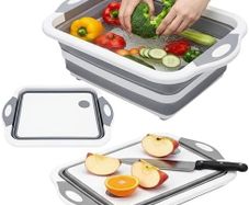 Washing Up Bowl with Integrated Chopping Board 3 in 1 Foldable Vegetable Basket, Basin Tub with Drain, Silicone Cutting Board & Multifunctional Dish Tub for Kitchen and Camping, Grey
