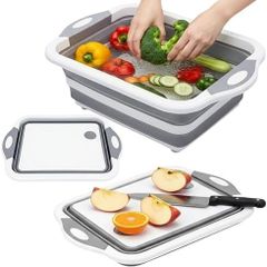 Washing Up Bowl with Integrated Chopping Board 3 in 1 Foldable Vegetable Basket, Basin Tub with Drain, Silicone Cutting Board & Multifunctional Dish Tub for Kitchen and Camping, Grey