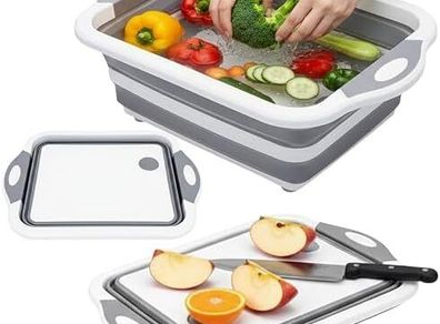 Washing Up Bowl with Integrated Chopping Board 3 in 1 Foldable Vegetable Basket, Basin Tub with Drain, Silicone Cutting Board & Multifunctional Dish Tub for Kitchen and Camping, Grey