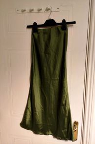 Olive Green Satin Midi Skirt PIXIEGIRL Size UK 6 / EUR 34