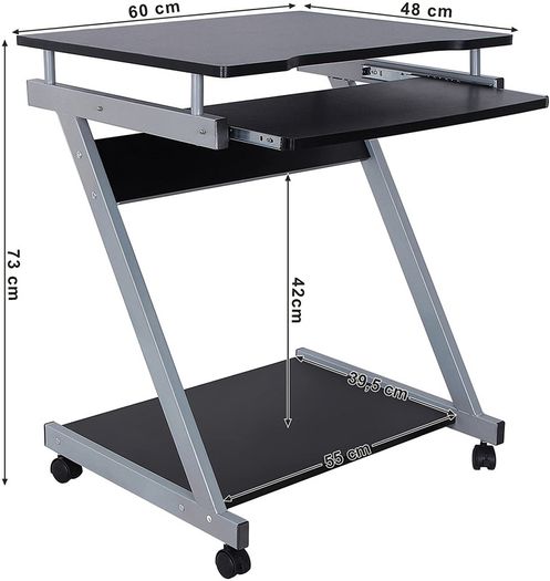 _desk, computer table with 4 castors, 2 of them with brakes, PC table, easy-to-use keyboard pull-out, easy assembly, space-saving PC table in Z-shape, black