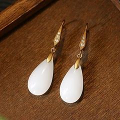 White Teardrop Stone Drop Gold Tone Earrings
