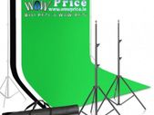 44336 2 x 3m Stand + 3 x 3.6m Cotton Muslin Black, Green, White Background