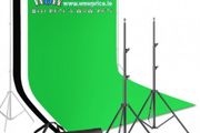 44336 2 x 3m Stand + 3 x 3.6m Cotton Muslin Black, Green, White Background