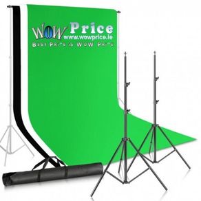 44336 2 x 3m Stand + 3 x 3.6m Cotton Muslin Black, Green, White Background