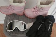 ski boots glasses and gloves