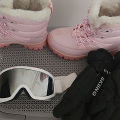 ski boots glasses and gloves