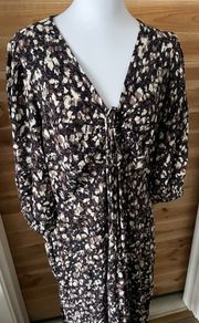 dress FatFace midi v neck 3-4 sleeves  size 16 brown floral pattern black beige BNWT