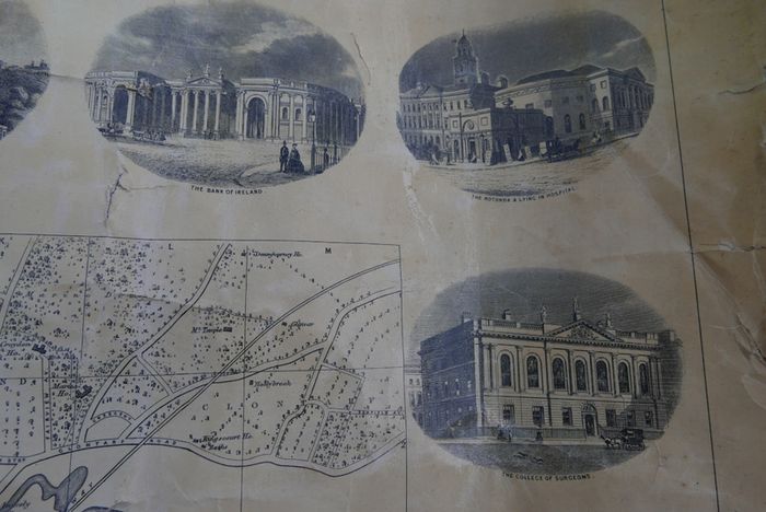 Antique DUBLIN. Map of Dublin & Suburbs with 22 vignettes of Dublin landmarks. Published by Edward Heffernan, 1st June, 1868, 12 Charleville Road, Rathmines. 28" x 22,5". Linen backed. Frayed at edges