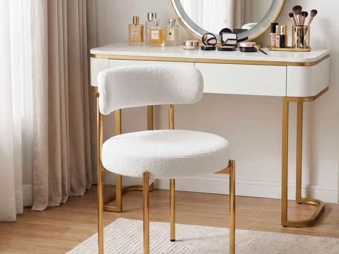 Desk Chair No Wheels Vanity Chair Comfy Accent Chair for Living Dining Room Bedroom Home Office Mid Century Modern Upholstered Armless with Metal Legs (Gold Frame+White, 1)