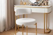 Desk Chair No Wheels Vanity Chair Comfy Accent Chair for Living Dining Room Bedroom Home Office Mid Century Modern Upholstered Armless with Metal Legs (Gold Frame+White, 1)