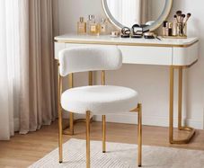 Desk Chair No Wheels Vanity Chair Comfy Accent Chair for Living Dining Room Bedroom Home Office Mid Century Modern Upholstered Armless with Metal Legs (Gold Frame+White, 1)