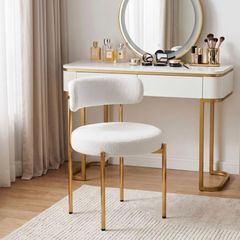 Desk Chair No Wheels Vanity Chair Comfy Accent Chair for Living Dining Room Bedroom Home Office Mid Century Modern Upholstered Armless with Metal Legs (Gold Frame+White, 1)