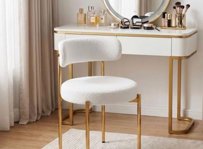Desk Chair No Wheels Vanity Chair Comfy Accent Chair for Living Dining Room Bedroom Home Office Mid Century Modern Upholstered Armless with Metal Legs (Gold Frame+White, 1)