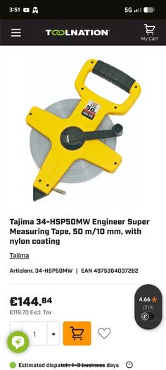 Tajima 34-HSP50MW Engineer Super Measuring Tape, 50 m/10 mm, with nylon coating