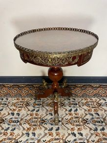 French Style Marquetry & Brass Round Centre Table , Cherub Motifs & Glass Top