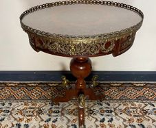 French Style Marquetry & Brass Round Centre Table , Cherub Motifs & Glass Top
