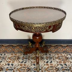 French Style Marquetry & Brass Round Centre Table , Cherub Motifs & Glass Top