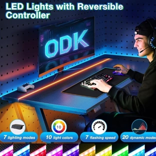 Gaming Desk with LED Lights, Gaming Table with Cup Holder and Headphone Hook, Double Z Frame Design Computer Desk, Carbon Fiber Black 100 cm