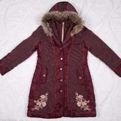 Joe Browns Burgundy Red Floral Embroidered Hooded Puffer Coat 14UK/42EU