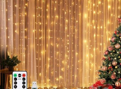 LED Curtain Lights, Window Curtain Fairy Twinkle Lights 3mx3m 300leds USB Operated 8 Modes Icicle LED String Lights with Remote & Timer for Indoor Xmas Party Home Garden Decoration (MULTIPLE COLOURS)