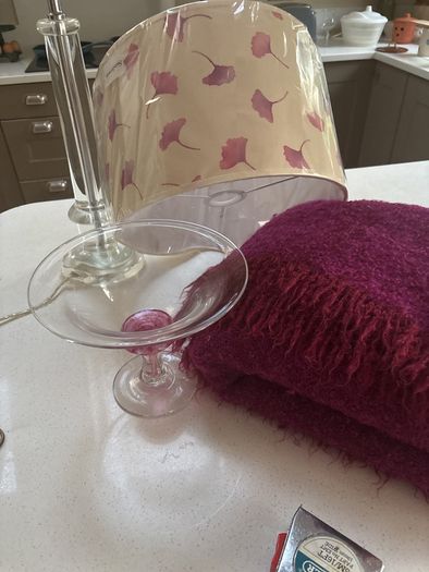 4 pieces- Avoca Mohair Wool Magenta Throw, Jerpoint Pedestal / Footed Bowl, Cut Glass Pillar Lamp with Brand New Sanderson Drum Shade - all are perfect together