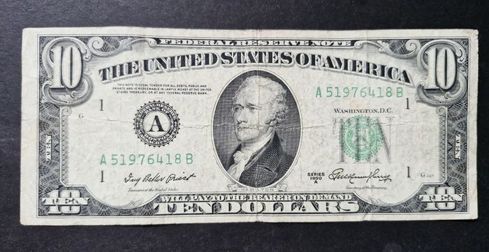 USA 1950-A TEN DOLLAR 10 Boston Massachusetts US Federal Reserve Hamilton Note