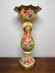 Elegant Hand Painted Floral Pedestal Jardiniere with Scalloped Bowl