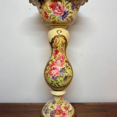 Elegant Hand Painted Floral Pedestal Jardiniere with Scalloped Bowl