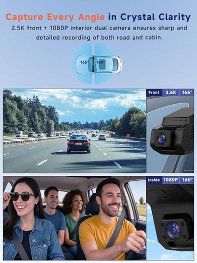 Dash Cam Front and Inside 2.5K+1080P Mini Camera for Cars, Hidden Car Camera Front and Interior, Super Night Vision, 4 IR LEDs, G-Sensor, 24H Parking Mode, Loop Recording, With 32GB Card, Dark