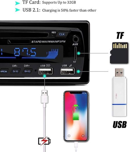 Bluetooth Hands-Free, CENXINY 1 DIN Car Stereos with USB and CAR MP3 Player, 4x65W FM Radio, Support IOS and Android Phone (No CD player)