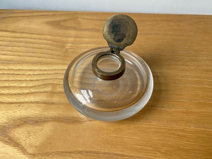 Hand Blown Round Glass Vintage Inkwell with Brass Hinged Collar and Lid c1900