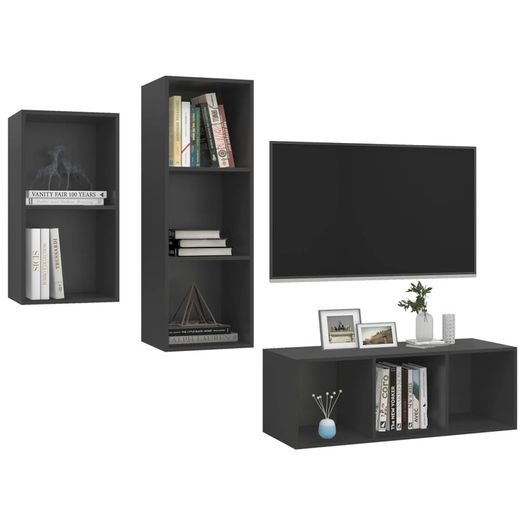 3 Piece TV Cabinet Set Grey Chipboard