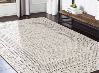 Natural Grey Cream Diamond Trellis Rug Soft Hi-Low Pile Living Room Carpet Geometric Bedroom Hallway Kitchen Area Rugs 80cm x 150cm (FREE POSTAGE)