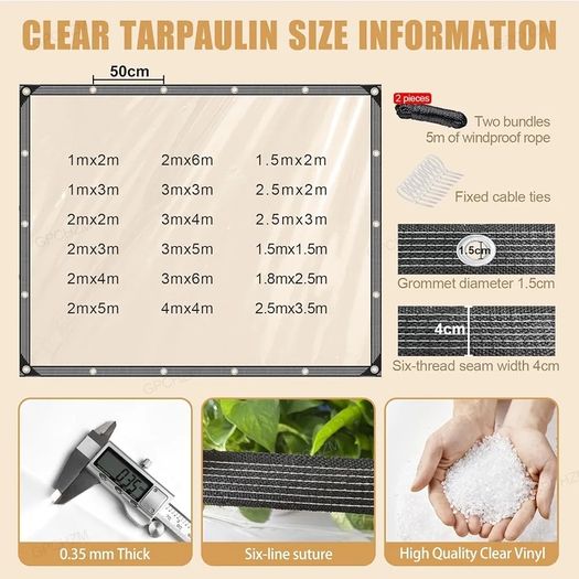 Clear Tarpaulin Waterproof Heavy Duty 2mx3m PVC Transparent Sheet with Reinforced Edges & Eyelets for Camping,Garden,Gazebo & Outdoor Roof Protection