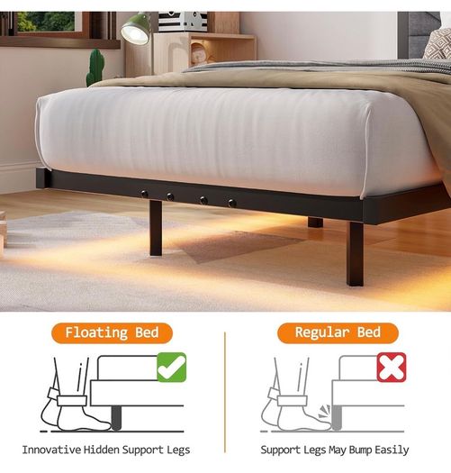 Metal Bed Frame with LED Lights and Charging Station, Heavy Duty Metal Slat Support, Noise Free, No Box Spring Needed
