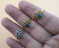 Lot Of Vintage 3 Adjustable Flower desgin Brass Rings With Jade ,Lapis Lazuli ,MoonStone
