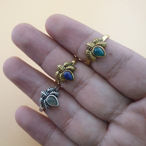 Lot Of Vintage 3 Adjustable Flower desgin Brass Rings With Jade ,Lapis Lazuli ,MoonStone