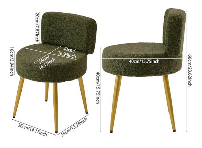 Green Dressing Table Chair with Gold Legs, Teddy Velvet Makeup Vanity Stool Chair for Dressing Table, Bedroom, Living Room