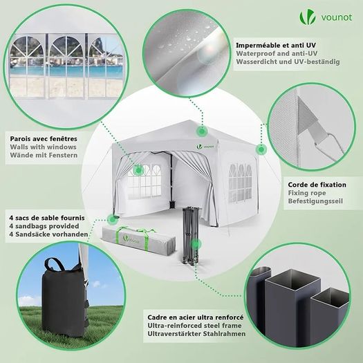 3m x 3m Pop Up Waterproof Gazebo with Sides & 4 Weight Bags & Carry Bag, Marquee Garden Party Tent Outdoor, White