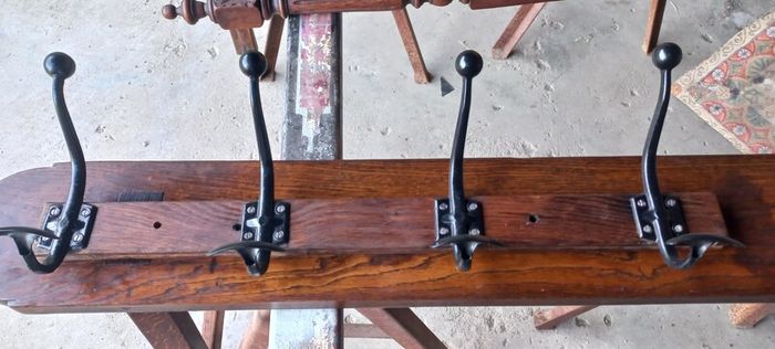 Oak and Iron Antique Coat Hang set of 4 hooks Original to go on the wall or back of door very solid