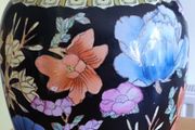 Vintage Black Porcelain Chinese Famille Rose Jar Urn