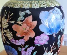 Vintage Black Porcelain Chinese Famille Rose Jar Urn