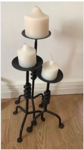 3 Heavy Wrought Iron Candle Stands & Candles