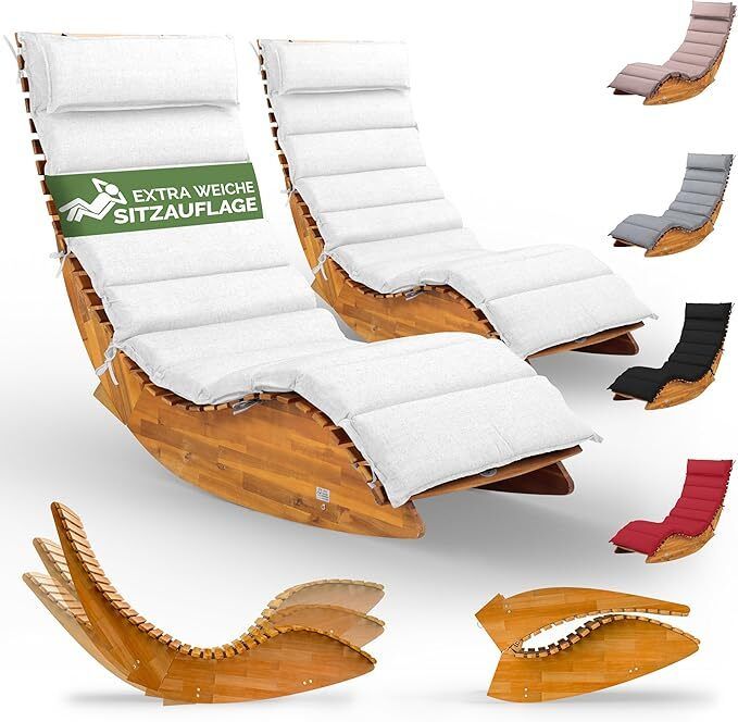 2 x Sun Lounger with Cushion for 2 People,oad Capacity, FSC Certified Swing Lounger Set for Balcony, 195 x 60 cm