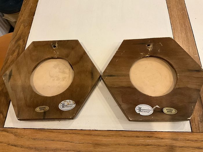 Vintage Plaques .Tikes in Oak Hexagon Shaped Frames