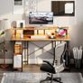 Gaming Desk with LED Lights & Power Outlets, 120 50cm Computer Desk with Storage Shelves & Dual Monitor Stand, for Home Office Study Bedroom Small Spaces, Brown Image 3