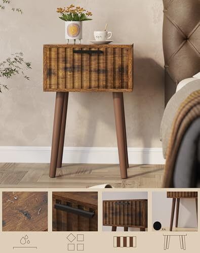 Fluted Nightstand Set of 2, Small End Table, Modern Coffee Table with Drawer, Solid Wood Legs, Retaining Chain, 35x27x53cm, for Bedroom and Small Spaces, Rustic Brown