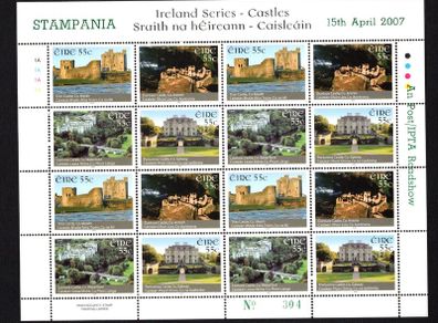 2007 Ireland Dublin Stampania Commemorative Exhibition Souvenir on 2007 Ireland Series Castles Commemorative Stamp Sheetlet Plate 1A1A1A1A Mint Never Hinged (MNH) No 304