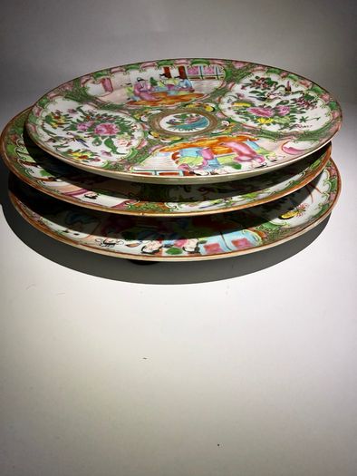 Set of 3 Antique 19th C. Chinese Export Rose Medallion Plates
